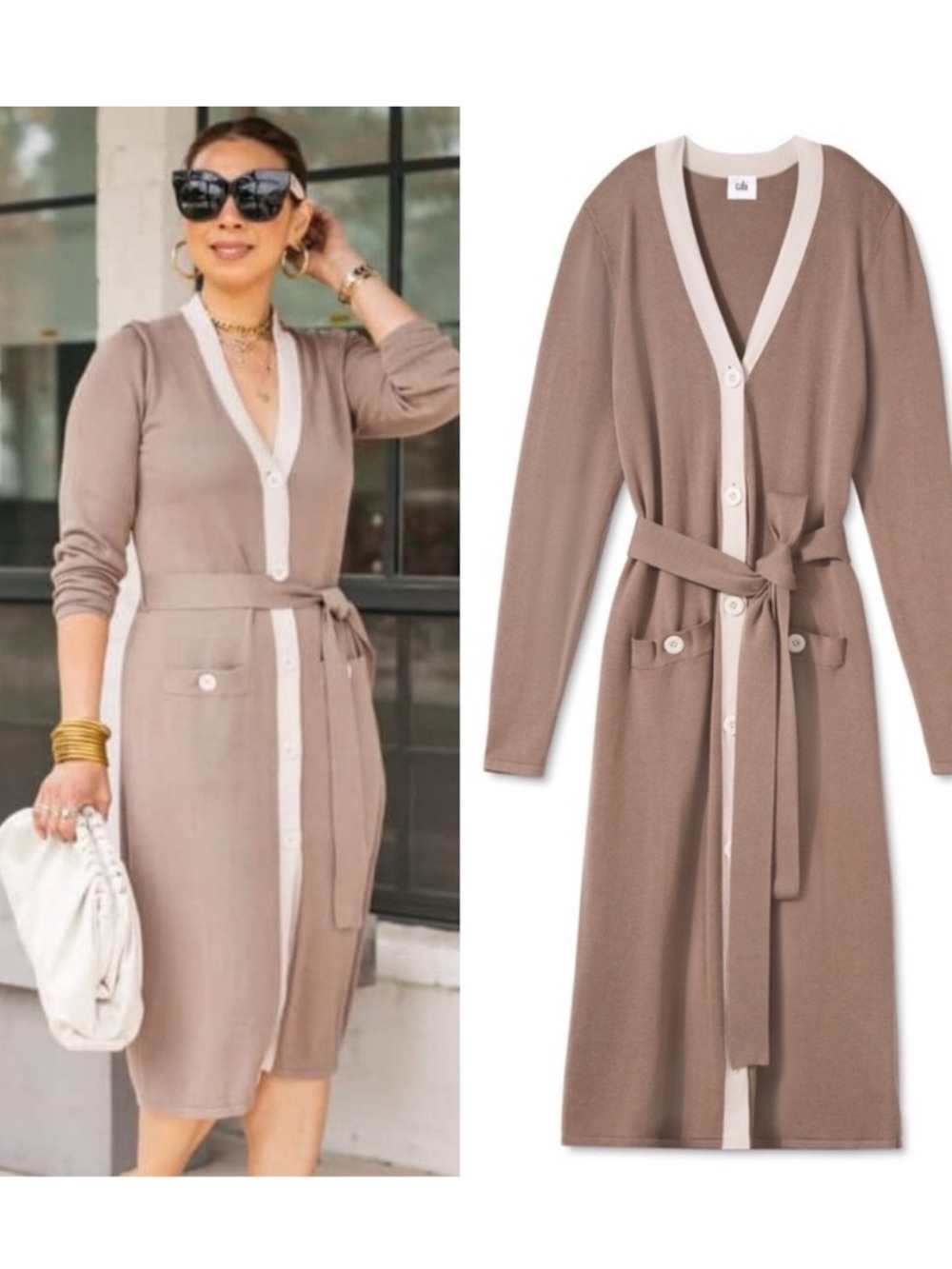 BOGO! CAbi #6161 Genteel Cardigan Midi Dress Taupe Brown Size Medium